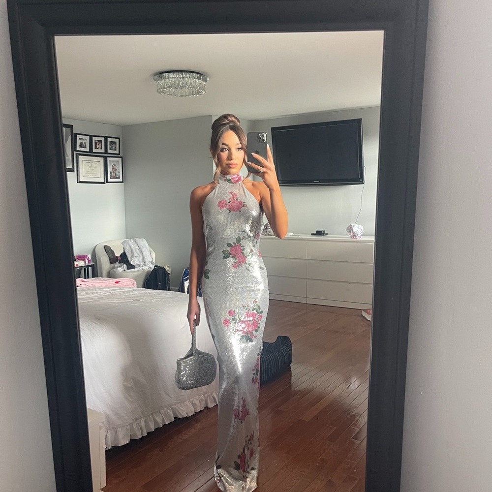 Floral Silver Evening Gown